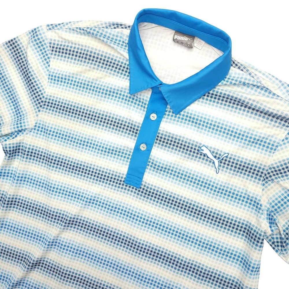 Puma Polo Shirt Mens Small Blue Stripe Grid Golf Performance Lightweight Top